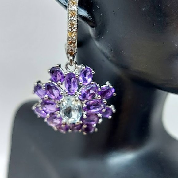 Natural Unheated‎ Aquamarine, Amethyst, Sapphire 925 Sterling Silver Earrings - Picture 2 of 8